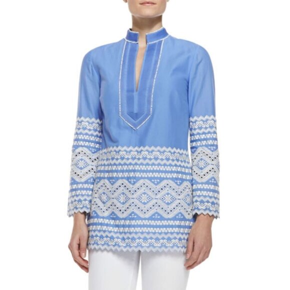 Tory Burch Tops - Tory Burch Cotton Blue Embroidered Eyelet Tunic Top Size 14